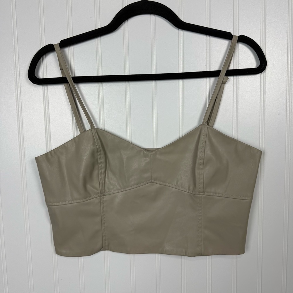 Zara Taupe Faux Leather Corset Bustier Crop Top Size L Adjustable Straps